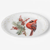 ウォーター素朴カラーウィンター(鳥)ショウジョウコウカンチョウホリーブランチ ペーパープレート (アングル)