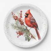 ウォーター素朴カラーウィンター(鳥)ショウジョウコウカンチョウホリーブランチ ペーパープレート (正面)