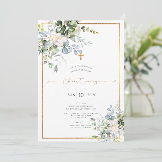 ウォーター素朴カラーブルーガムユーカリプタス《キリスト教》洗礼式や命名式 招待状 (スタンド正面)