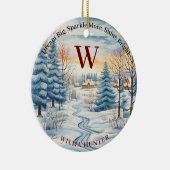 ウォーター色の冬の雪の結晶の小屋の森のモノグラム セラミックオーナメント (右)