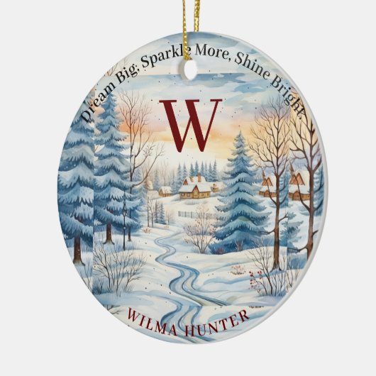 ウォーター色の冬の雪の結晶の小屋の森のモノグラム セラミックオーナメント (左)
