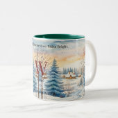 ウォーター色の冬の雪の結晶の小屋の森のモノグラム ツートーンマグカップ (正面右)