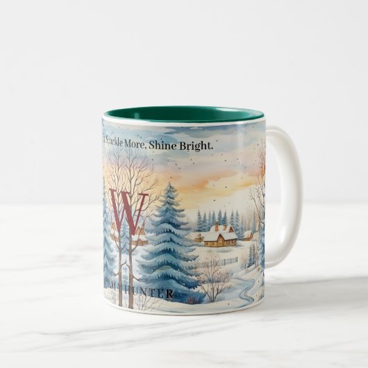 ウォーター色の冬の雪の結晶の小屋の森のモノグラム ツートーンマグカップ (正面右)