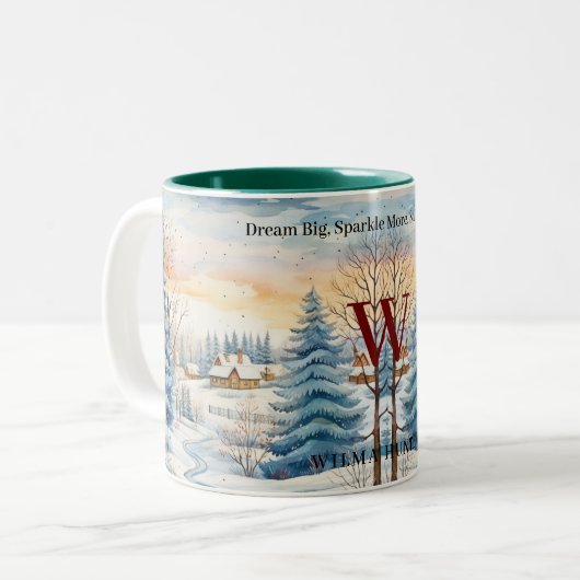 ウォーター色の冬の雪の結晶の小屋の森のモノグラム ツートーンマグカップ (正面左)