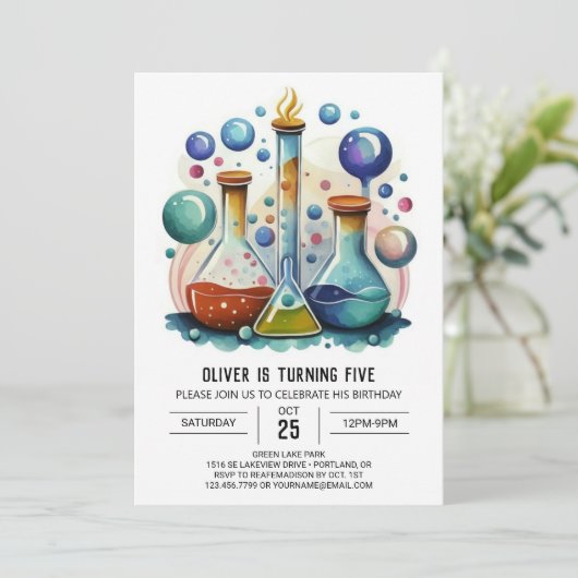 ウォーター色ウィムシーラボサイエンティスト誕生日 招待状 (スタンド正面)