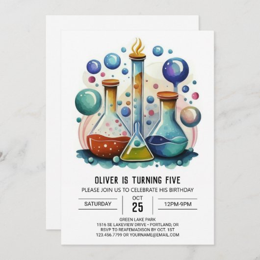 ウォーター色ウィムシーラボサイエンティスト誕生日 招待状 (正面/裏面)