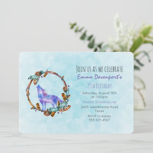 ウォーター色ウルフとボホスタイルの花輪の誕生日 招待状 (スタンド正面)