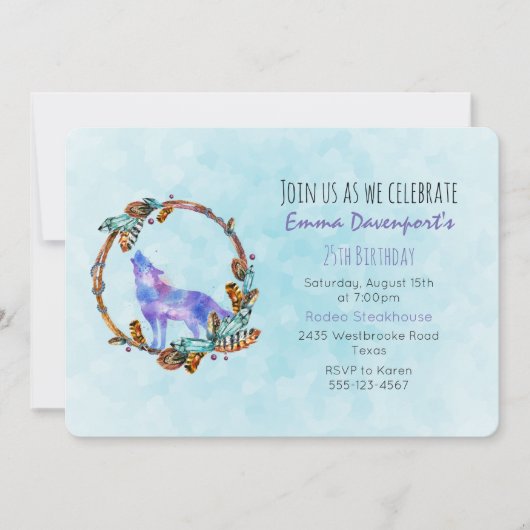 ウォーター色ウルフとボホスタイルの花輪の誕生日 招待状 (正面)