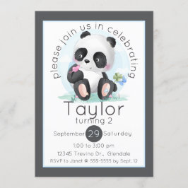 ウォーター色パンダウィズバタフライ誕生日 招待状