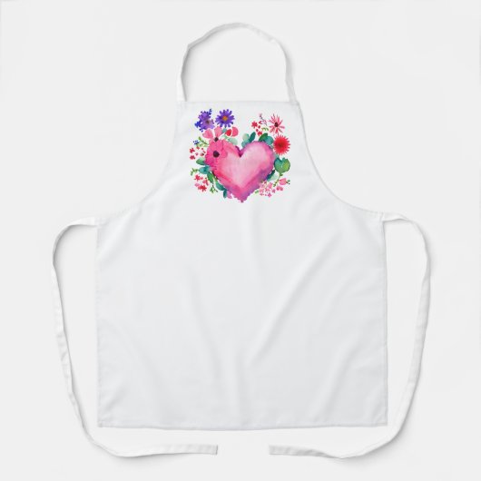 ウォーター色ピンクハートとワイルドフラワーバレンタイン エプロン (正面)