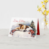 ウォーター・カラーのクリスマスドッグを枕に カード (黄色い花)