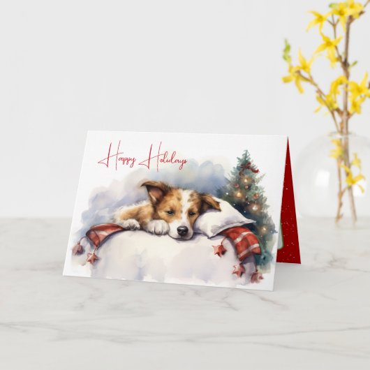 ウォーター・カラーのクリスマスドッグを枕に カード (黄色い花)