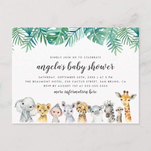 ウォーター・カラーのサファリモダンー動物の赤ちゃんシャワー インビテーションポストカード (正面)