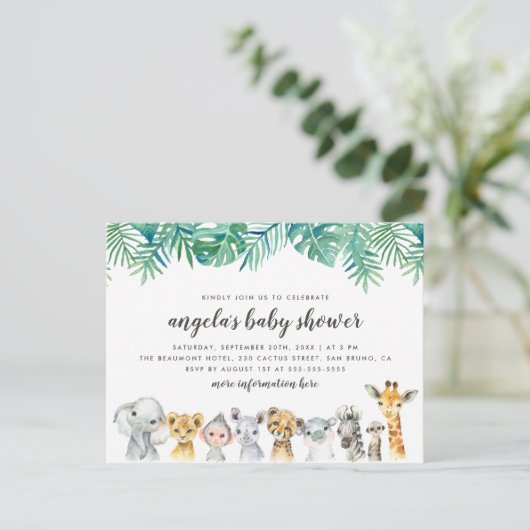 ウォーター・カラーのサファリモダンー動物の赤ちゃんシャワー インビテーションポストカード (スタンド正面)