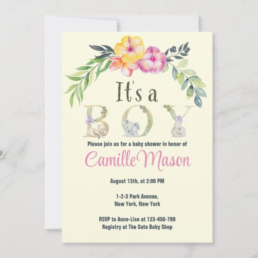 ウォーター・カラーのサファリ動物それは男の子の赤ちゃんシャワーだ 招待状 (正面)