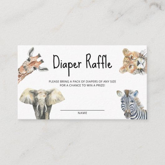ウォーター・カラーのサファリ動物 – おむつラッフル エンクロージャーカード (正面)