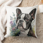 ウォーター・カラーのボストンテリア犬と花 クッション (ブランケット)