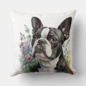 ウォーター・カラーのボストンテリア犬と花 クッション (裏面)