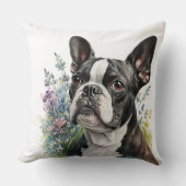 ウォーター・カラーのボストンテリア犬と花 クッション (正面)