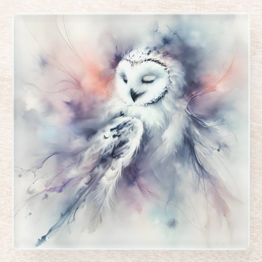 ウォーター・カラーの魅惑のスノーフクロウ ガラスコースター (正面)
