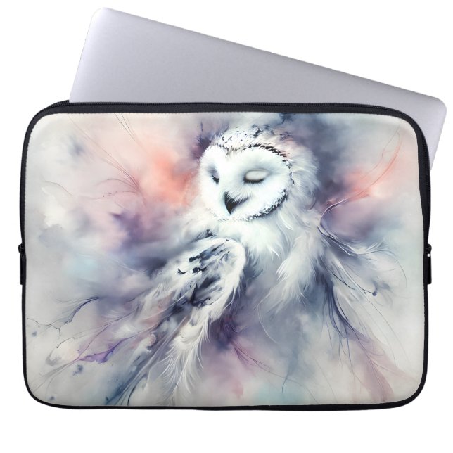 ウォーター・カラーの魅惑のスノーフクロウ ラップトップスリーブ (正面)