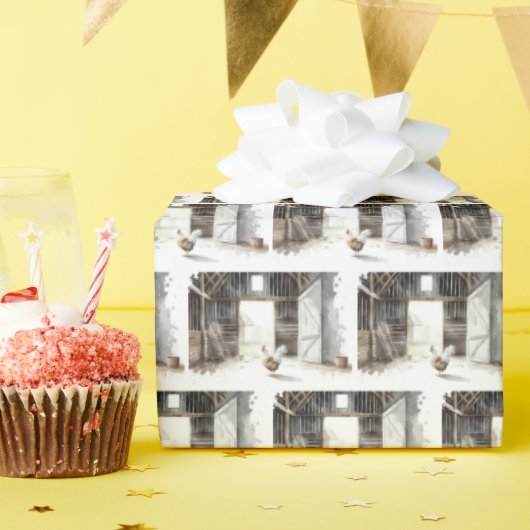 ウォーター・カラーの鶏を納屋で ラッピングペーパー (誕生日パーティー)