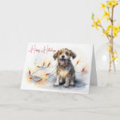 ウォーター・カラー犬がホリデーライトに絡み合った カード (黄色い花)