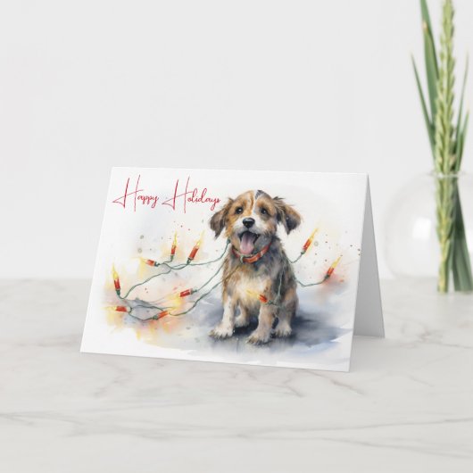 ウォーター・カラー犬がホリデーライトに絡み合った カード (正面)