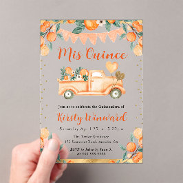 ウォーター・カラー・オレンジ・トラックと花キンセアニェラ アクリル招待状