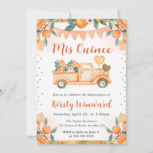 ウォーター・カラー・オレンジ・トラックと花キンセアニェラ 招待状 (正面)