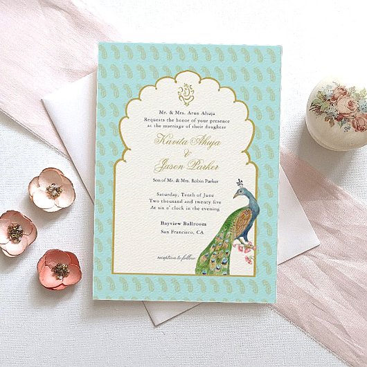ウォーター・カラー・ピーコック&ガネーシュの金ゴールド結婚ズ 招待状