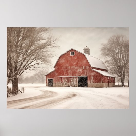 ウォーター・カラー・ヴィンテージ・クリスマスバーンinスノーウォールアート ポスター (正面)