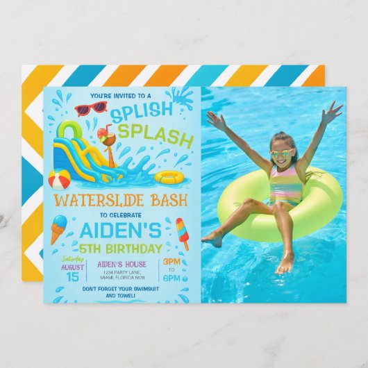 ウォーター スライド バッシュ, ウォーター スライド バースデー フォト 招待状 (正面/裏面)