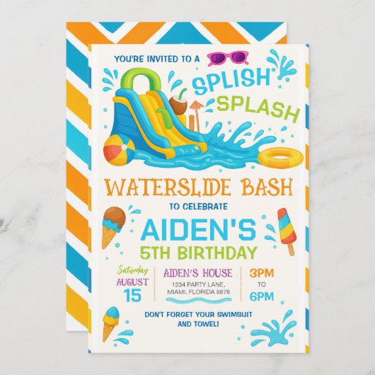 ウォーター スライド バッシュ 招待状、編集可能なウォーター スライド 招待状 (正面/裏面)