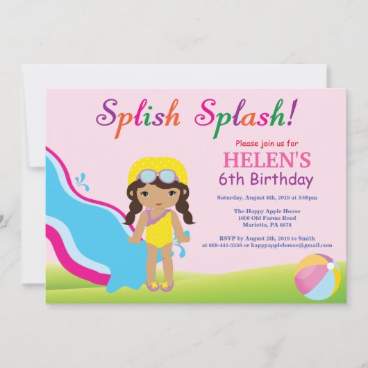 ウォーター スライド プール パーティー 誕生日 招待状 女の子 (正面)