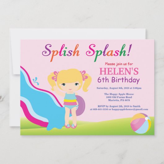ウォーター スライド プール パーティー 誕生日 招待状 女の子 (正面)