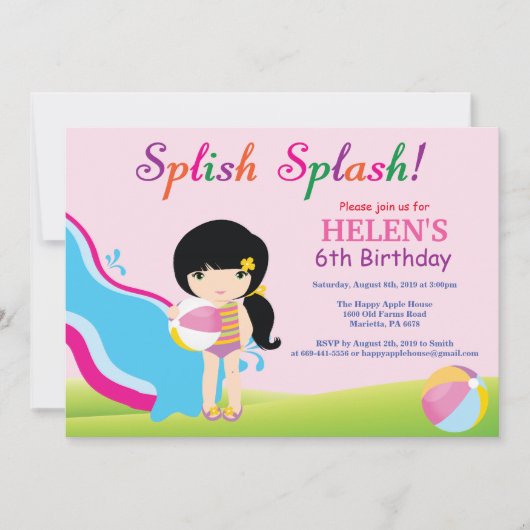 ウォーター スライド プール パーティー 誕生日 招待状 女の子 (正面)