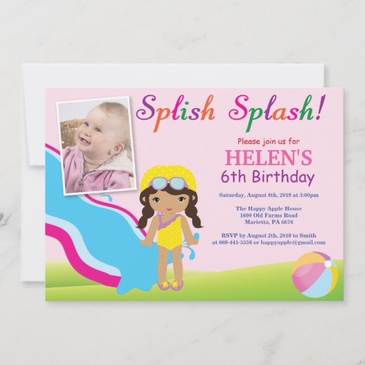 ウォーター スライド プール パーティー 誕生日 招待状 女の子 (正面)