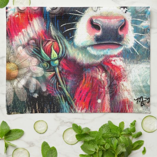 ウォーマータイムズの牛の夢ティール(緑がかった色)赤フローラ キッチンタオル (折り畳み)