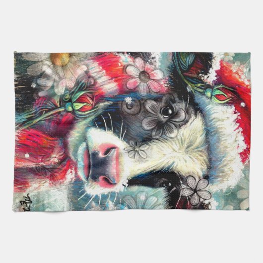 ウォーマータイムズの牛の夢ティール(緑がかった色)赤フローラ キッチンタオル (横)