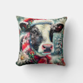 ウォーマータイムズの牛の夢ティール(緑がかった色)赤フローラ クッション (正面)