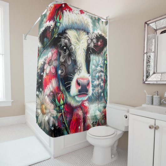 ウォーマータイムズの牛の夢ティール(緑がかった色)赤フローラ シャワーカーテン (インサイチュ)