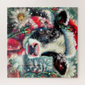 ウォーマータイムズの牛の夢ティール(緑がかった色)赤フローラ ジグソーパズル (横)