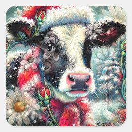 ウォーマータイムズの牛の夢ティール(緑がかった色)赤フローラ スクエアシール