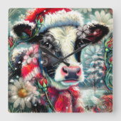 ウォーマータイムズの牛の夢ティール（緑がかった色）赤フローラ スクエア壁時計 (正面)