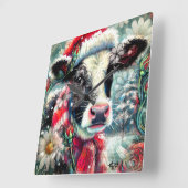 ウォーマータイムズの牛の夢ティール（緑がかった色）赤フローラ スクエア壁時計 (傾斜)