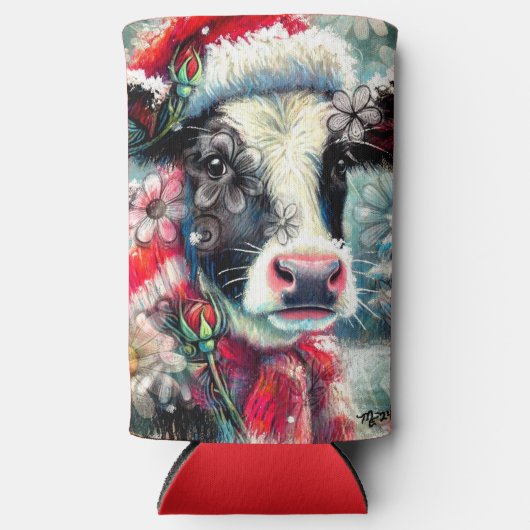 ウォーマータイムズの牛の夢ティール（緑がかった色）赤フローラ スリム缶クーラー (正面)