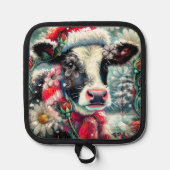 ウォーマータイムズの牛の夢ティール（緑がかった色）赤フローラ 鍋敷き (正面)