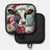 ウォーマータイムズの牛の夢ティール（緑がかった色）赤フローラ 鍋敷き (正面/裏面)