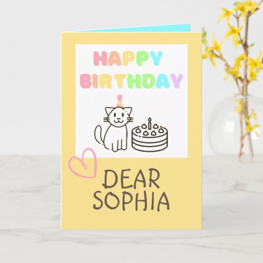 ウォームイエロー&レインボーキャットハッピーバースデーカード カード (黄色い花)